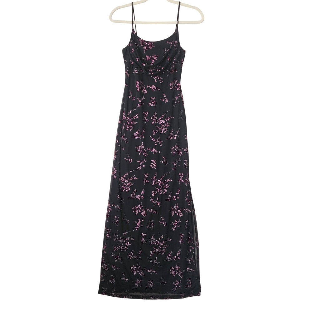 Vintage Black Pink Glitter Floral Mesh Cowl Neck Maxi Dress Side Slit Y2K Gown